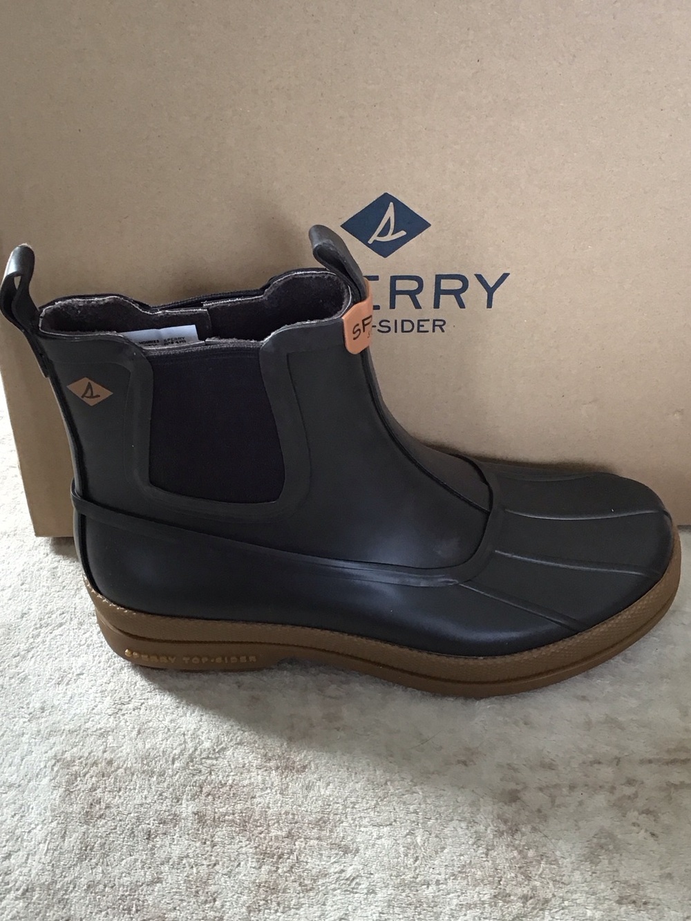 Sperry Men's Cold Bay Brown Chelsea Rain Boots with Tan Brown Midsole